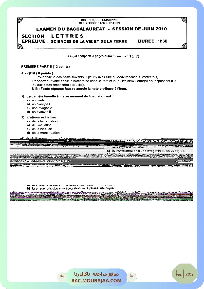 Sujet principale svt Bac 2010 – Section lettre